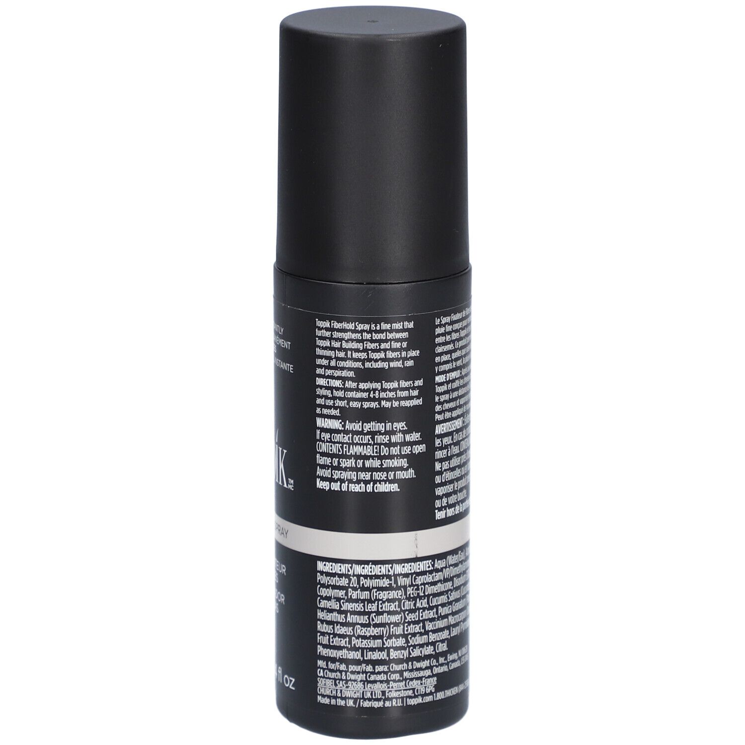 Rückseite der schwarzen Sprühflasche. Text in mehreren Sprachen. Inhaltsstoffe und Warnhinweise.