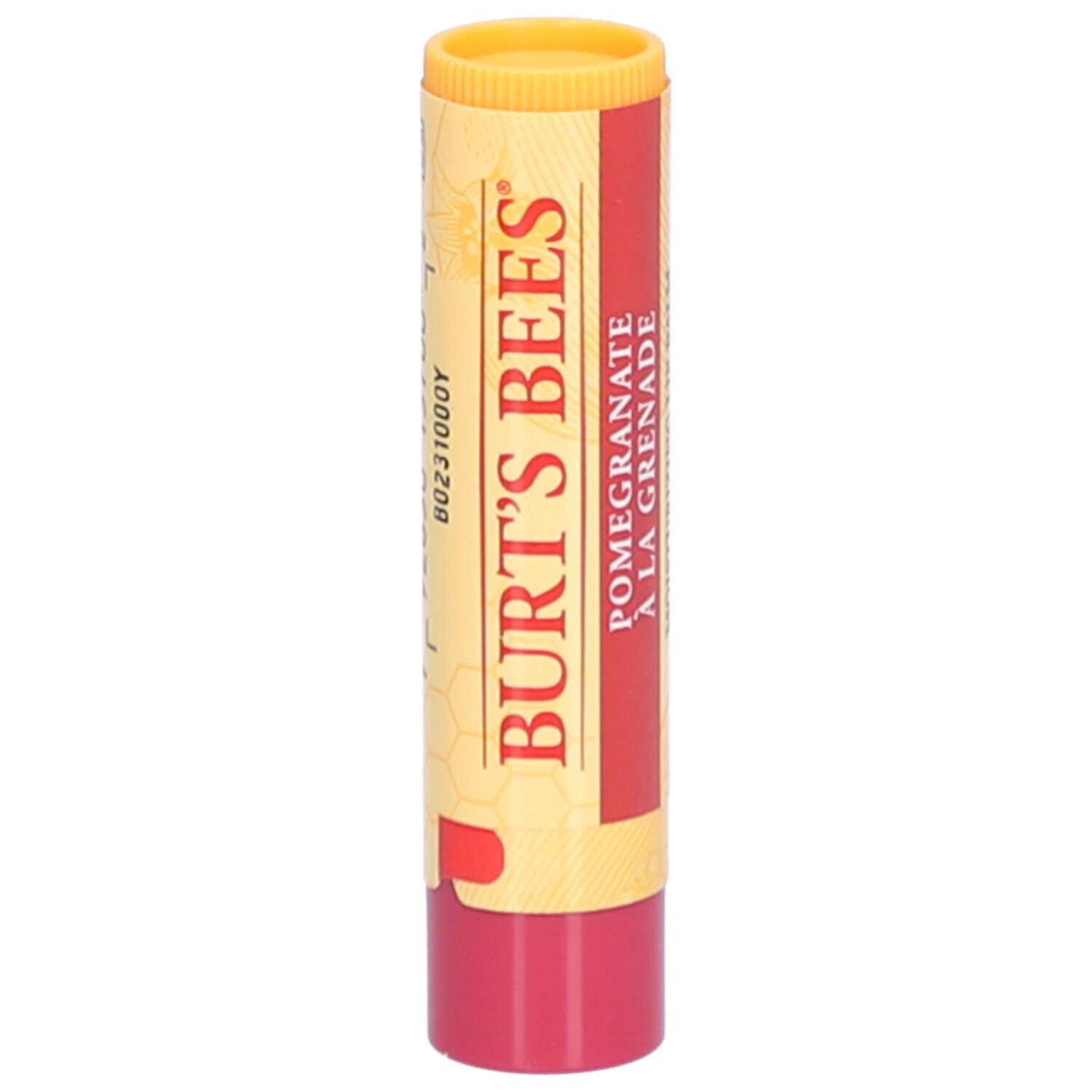 Bâton de baume à lèvres. Design jaune et rouge. Inscription : BURT'S BEES, Pomegranate. Extrémité rouge.