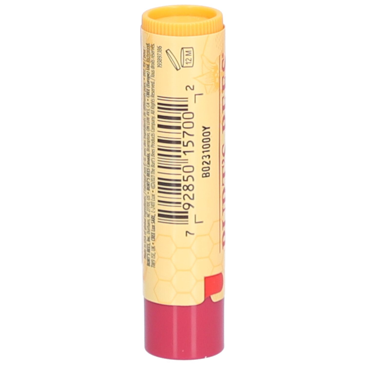 Bâton de baume à lèvres. Dos avec code-barres et texte. Design jaune et rouge. Extrémité rouge.
