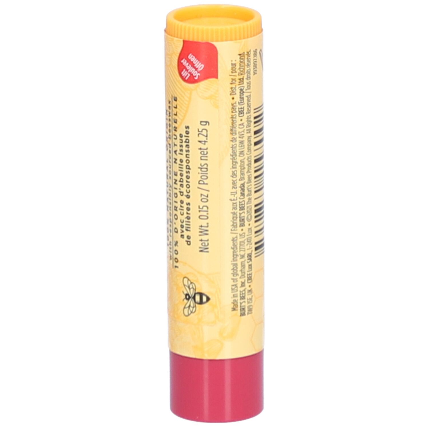 Bâton de baume à lèvres. Design jaune et rouge. Texte et logo abeille. Extrémité rouge. Poids net 4,25g.
