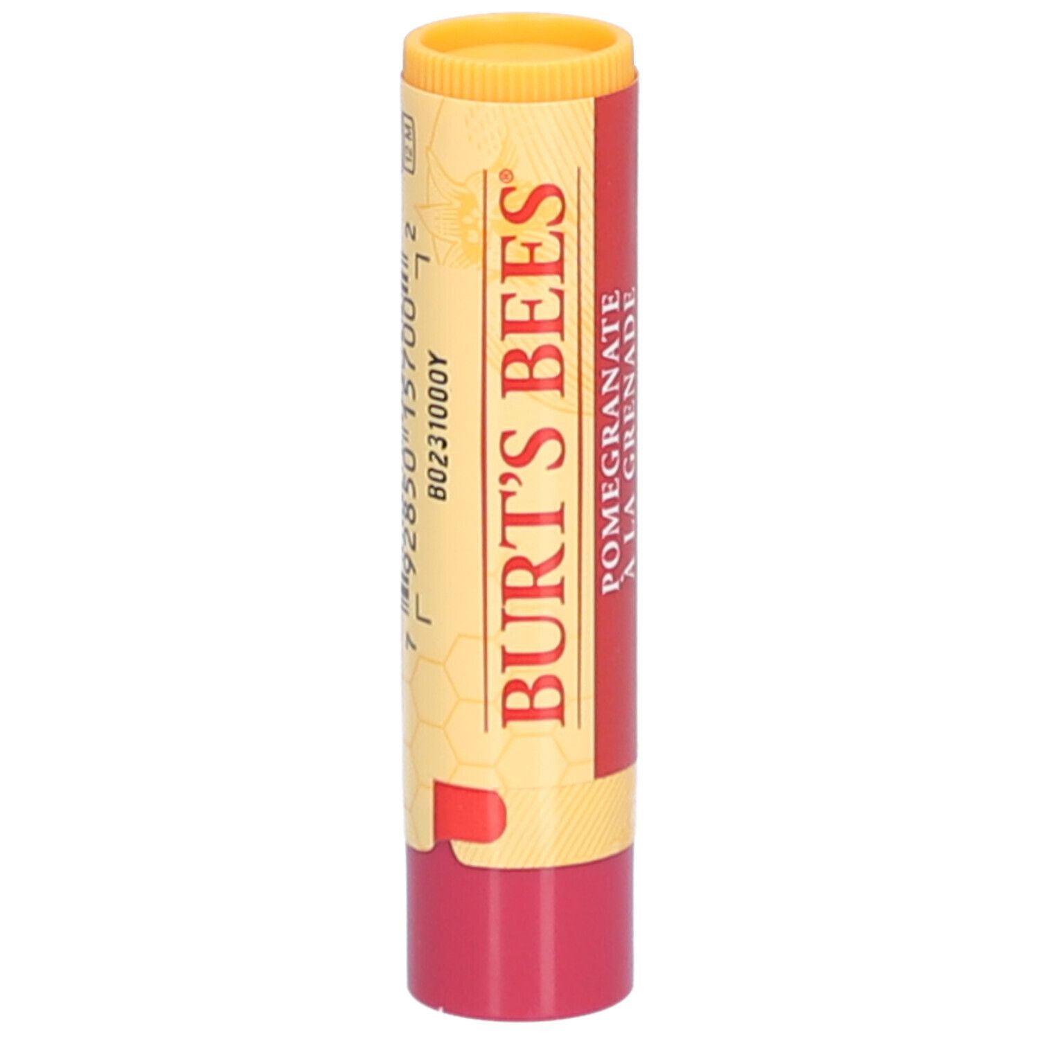 Bâton de baume à lèvres. Design jaune et rouge. Inscription : BURT'S BEES, Pomegranate. Extrémité rouge.