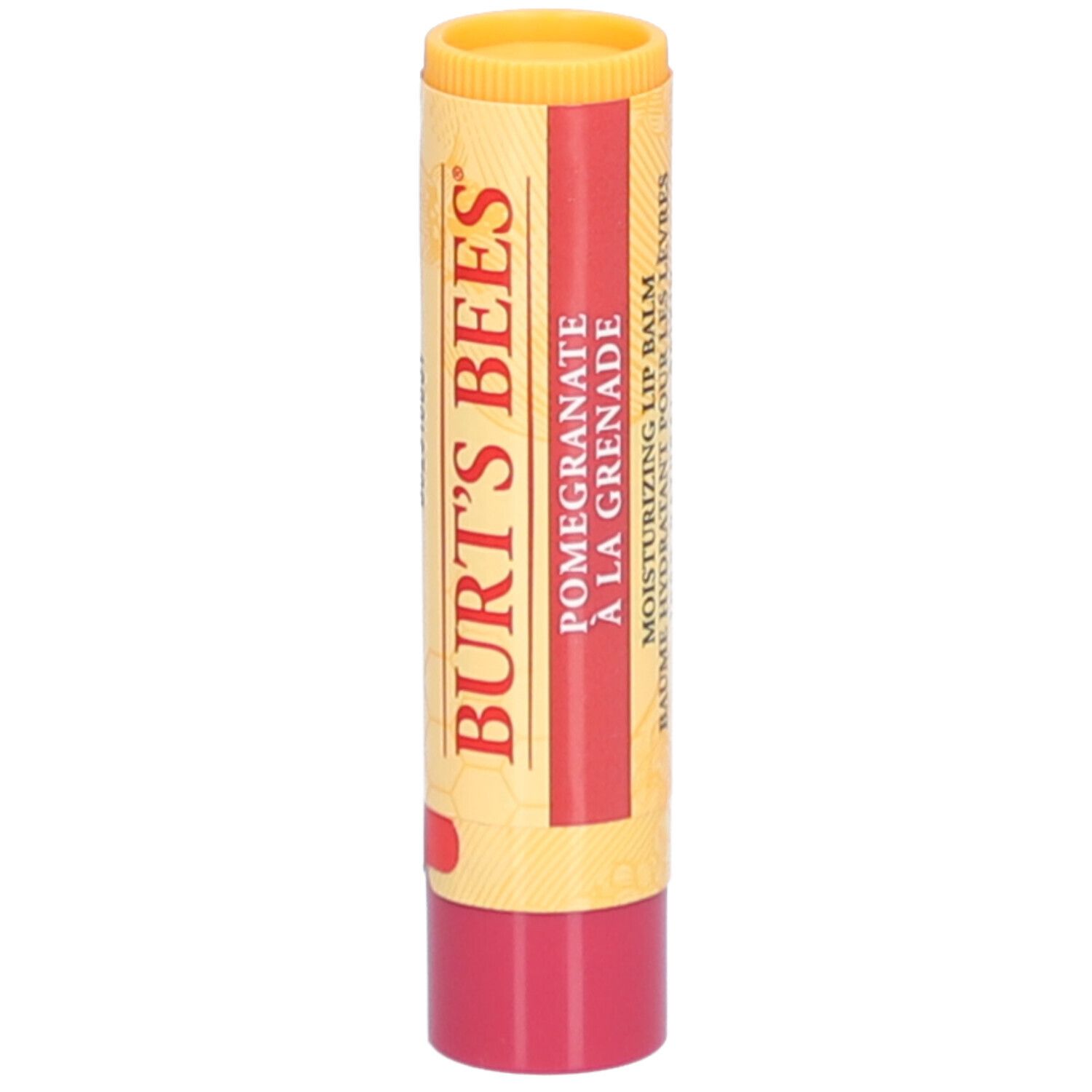 Bâton de baume à lèvres. Design jaune et rouge. Inscription : BURT'S BEES, Pomegranate. Extrémité rouge.