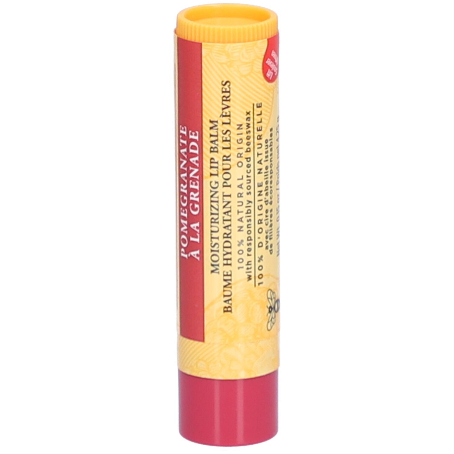 Bâton de baume à lèvres. Design jaune et rouge. Texte et logo abeille. Extrémité rouge. 100% naturel.
