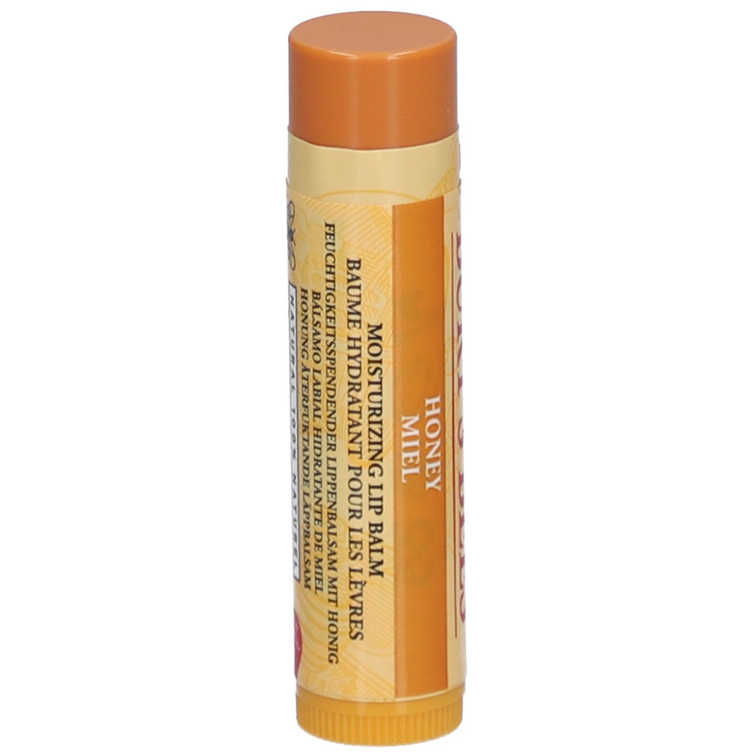 Lippenbalsam-Stift mit Honig. Mehrsprachige Beschriftung. Feuchtigkeitsspendend. Honig-Aroma.