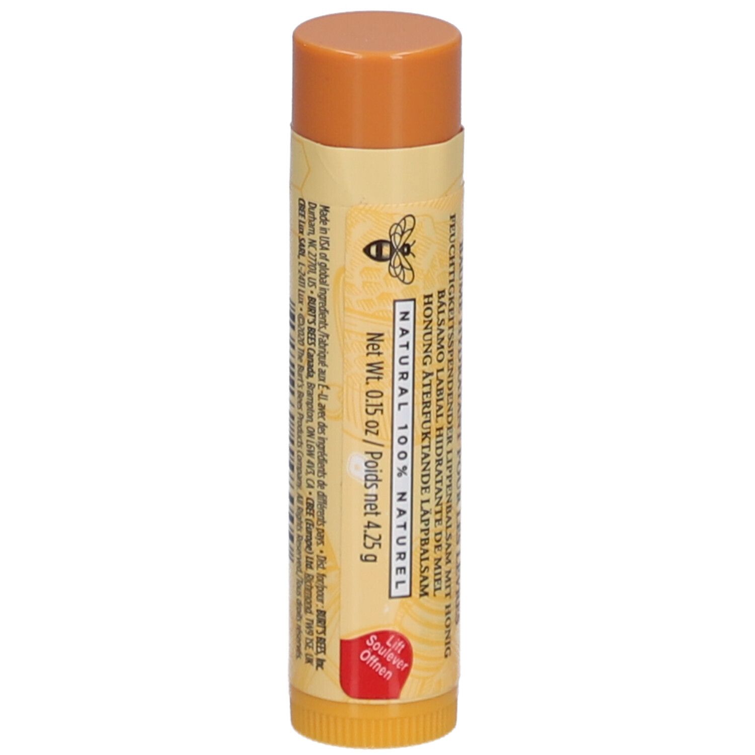 Lippenbalsam-Stift mit Honig. Natürliche Inhaltsstoffe. Netto 4,25g. Honig-Aroma. Bienen-Logo.