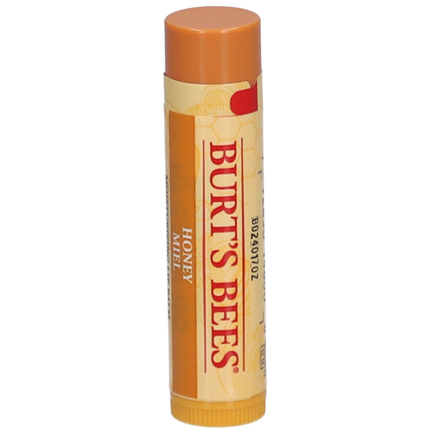 Lippenbalsam-Stift mit Honig. Gelb-braune Verpackung. Schriftzug: BURT'S BEES. Honig-Aroma.