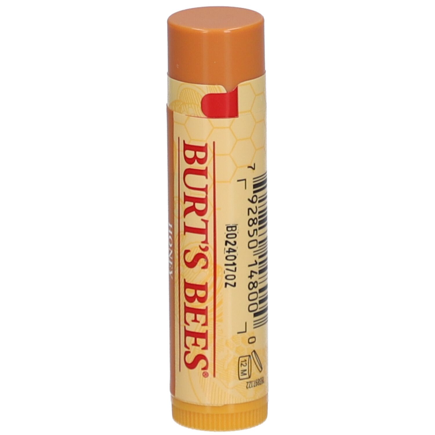 Lippenbalsam-Stift mit Honig. Gelb-braune Verpackung. Schriftzug: BURT'S BEES. Barcode.