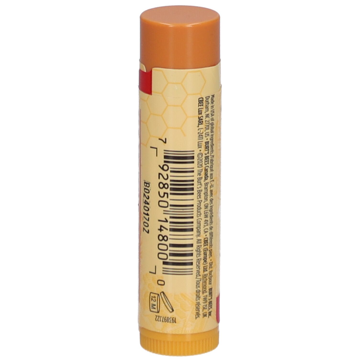 Lippenbalsam-Stift mit Honig. Gelb-braune Verpackung. Barcode. Herstellerinformationen.