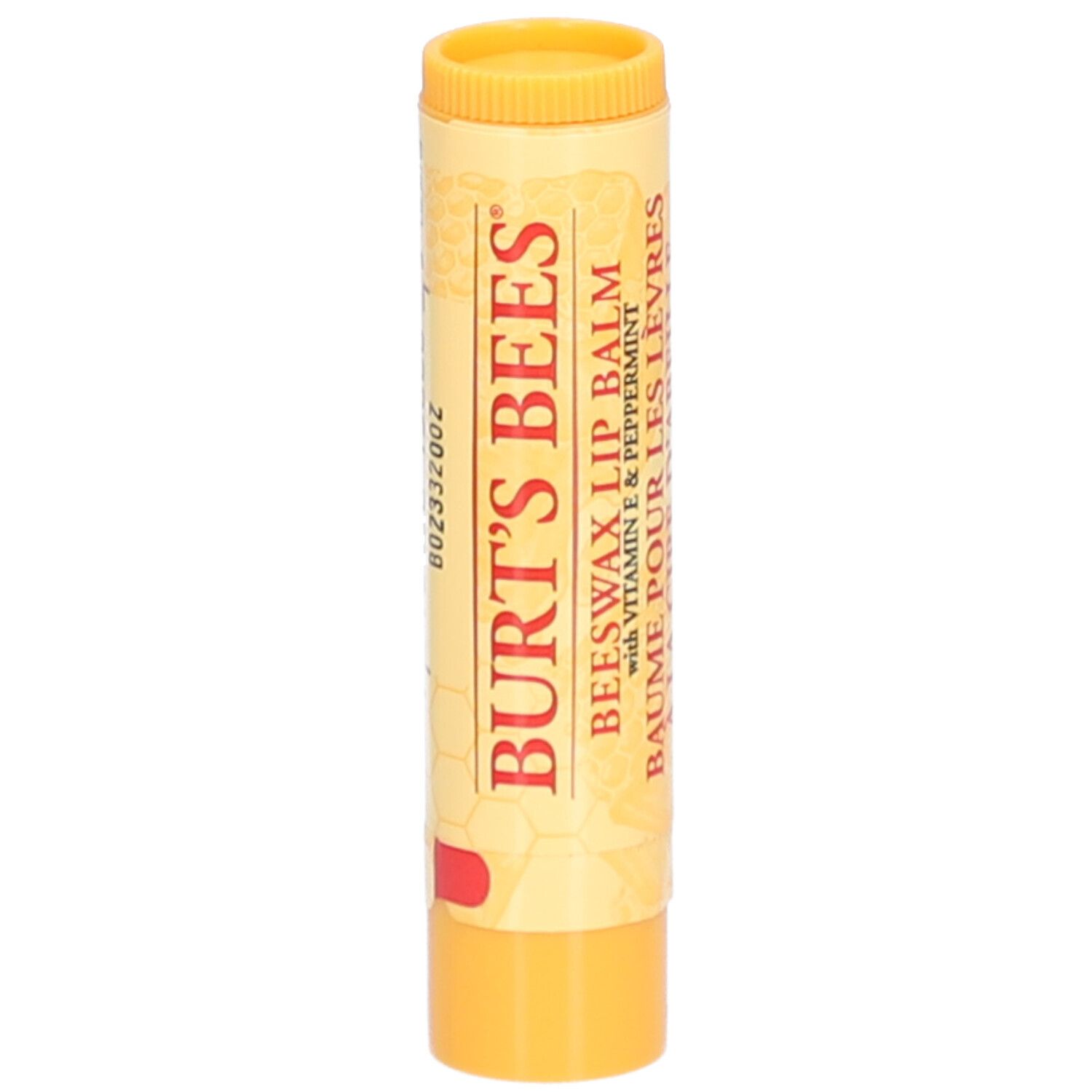 Bâton de baume à lèvres jaune avec texte rouge. Inscription : BURT'S BEES, baume à lèvres à la cire d'abeille.
