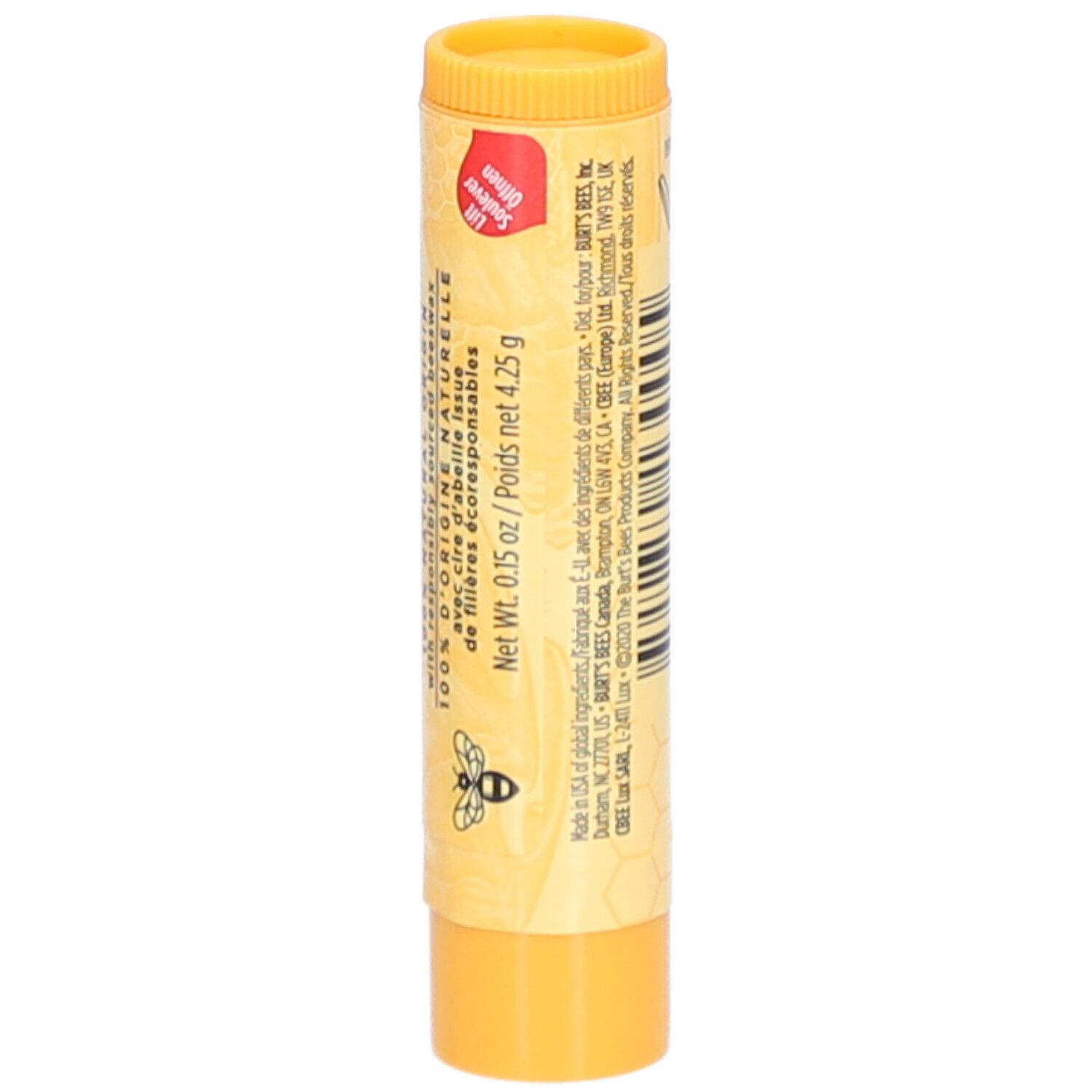 Bâton de baume à lèvres jaune avec texte. Inscription : 100% ingrédients naturels, 0,15 oz / 4,25 g.