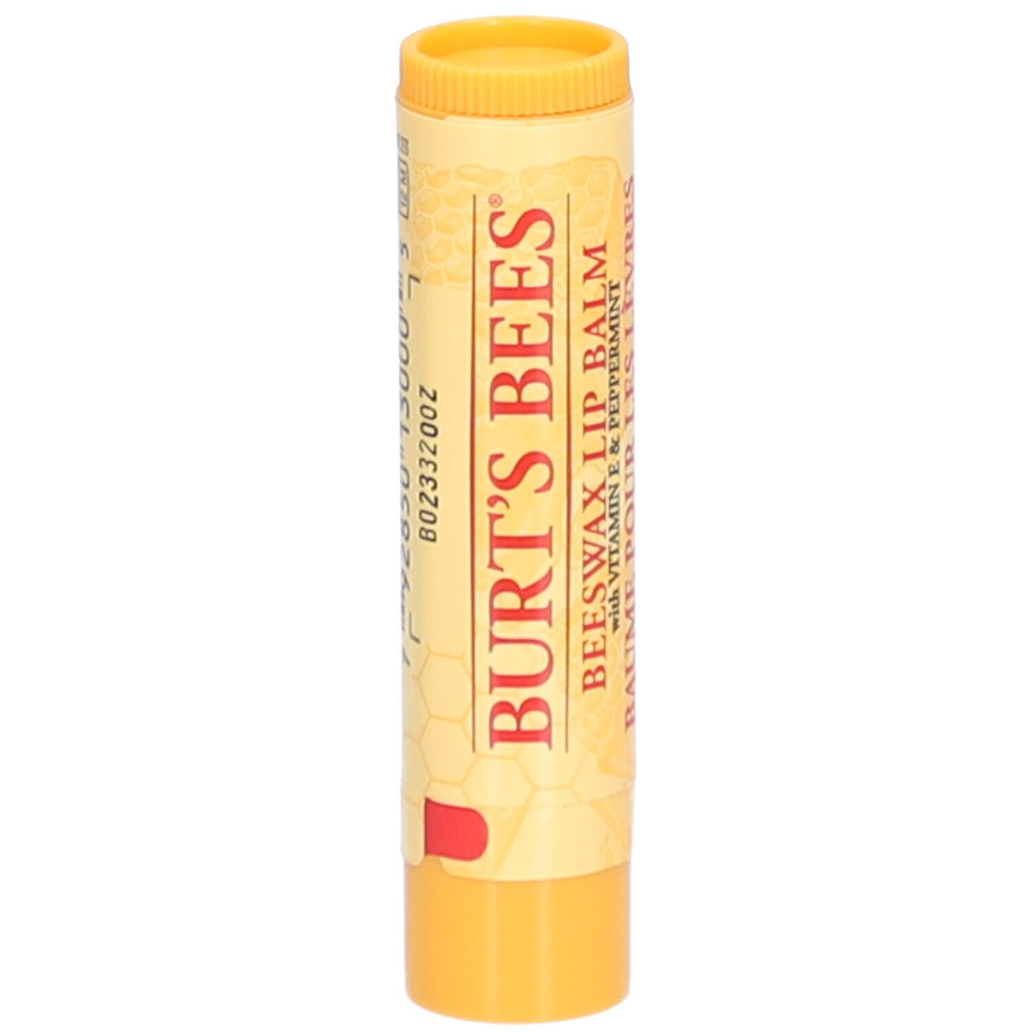 Bâton de baume à lèvres jaune avec texte rouge. Inscription : BURT'S BEES, baume à lèvres à la cire d'abeille.