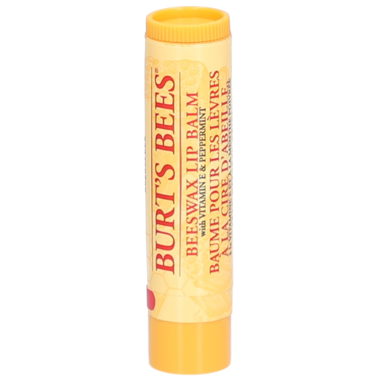 Bâton de baume à lèvres jaune avec texte rouge. Inscription : BURT'S BEES, baume à lèvres à la cire d'abeille.