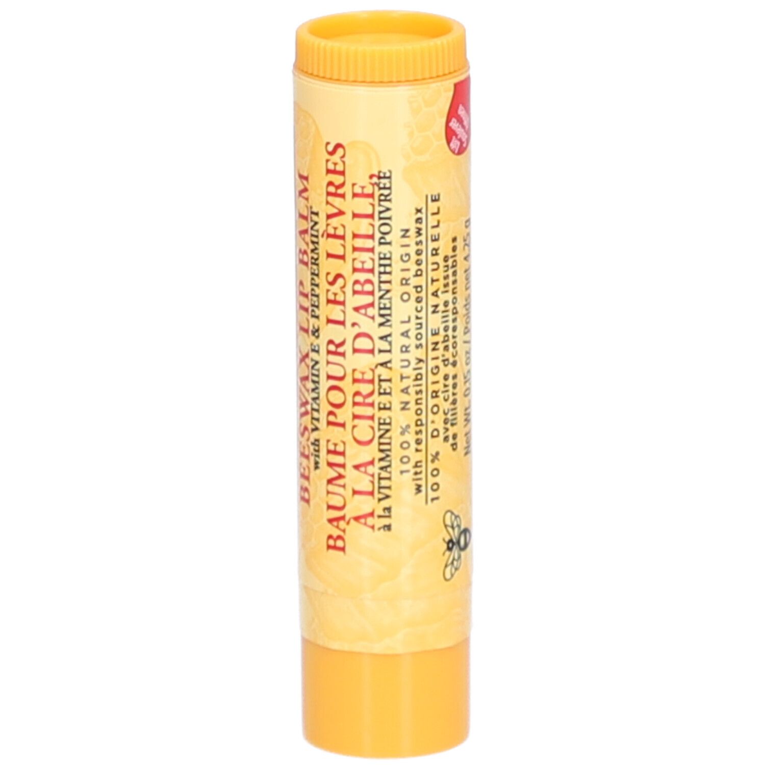 Bâton de baume à lèvres jaune avec texte. Inscription : BURT'S BEES, baume à lèvres à la cire d'abeille, 100% d'origine naturelle.