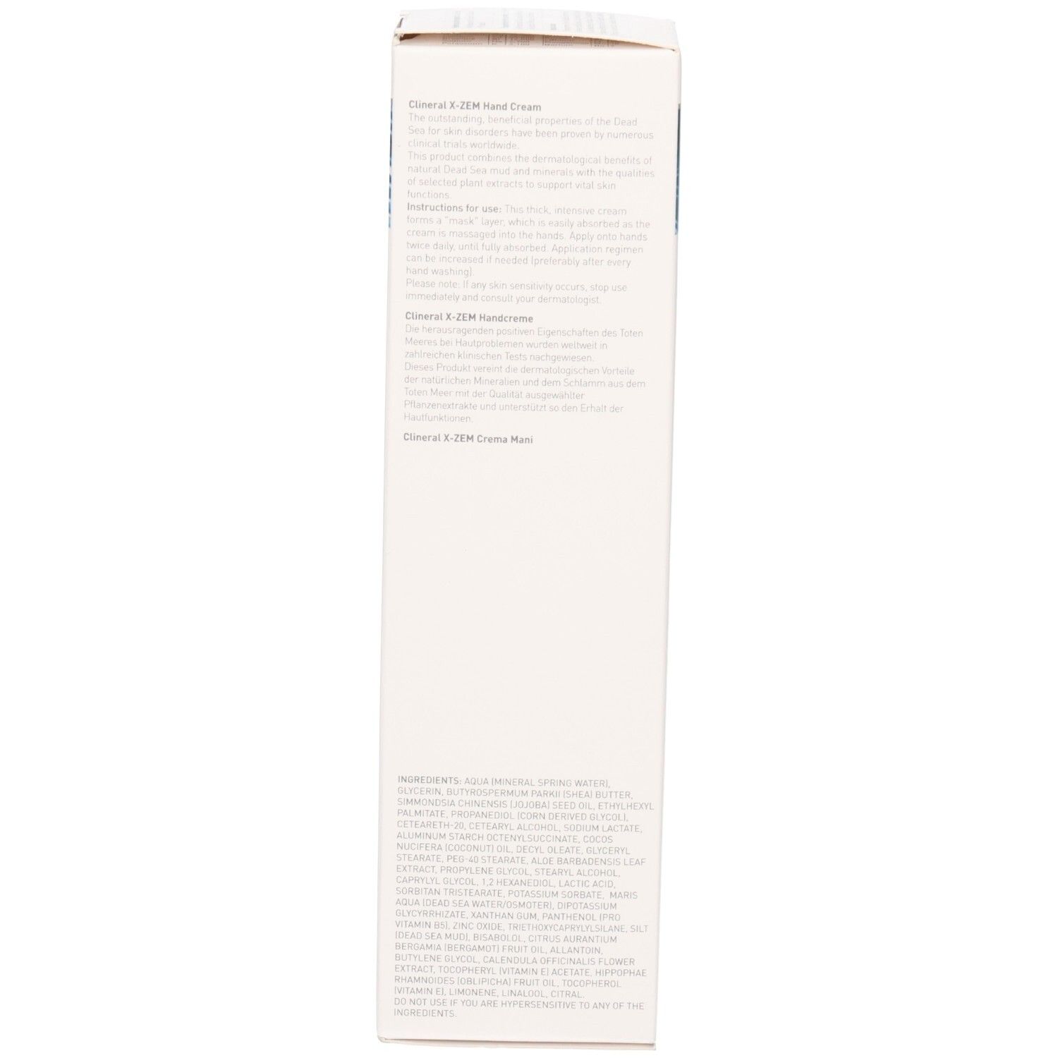 Seite der Clineral X-ZEM Handcreme Verpackung. Text in mehreren Sprachen. Enthält Informationen zu Inhaltsstoffen.