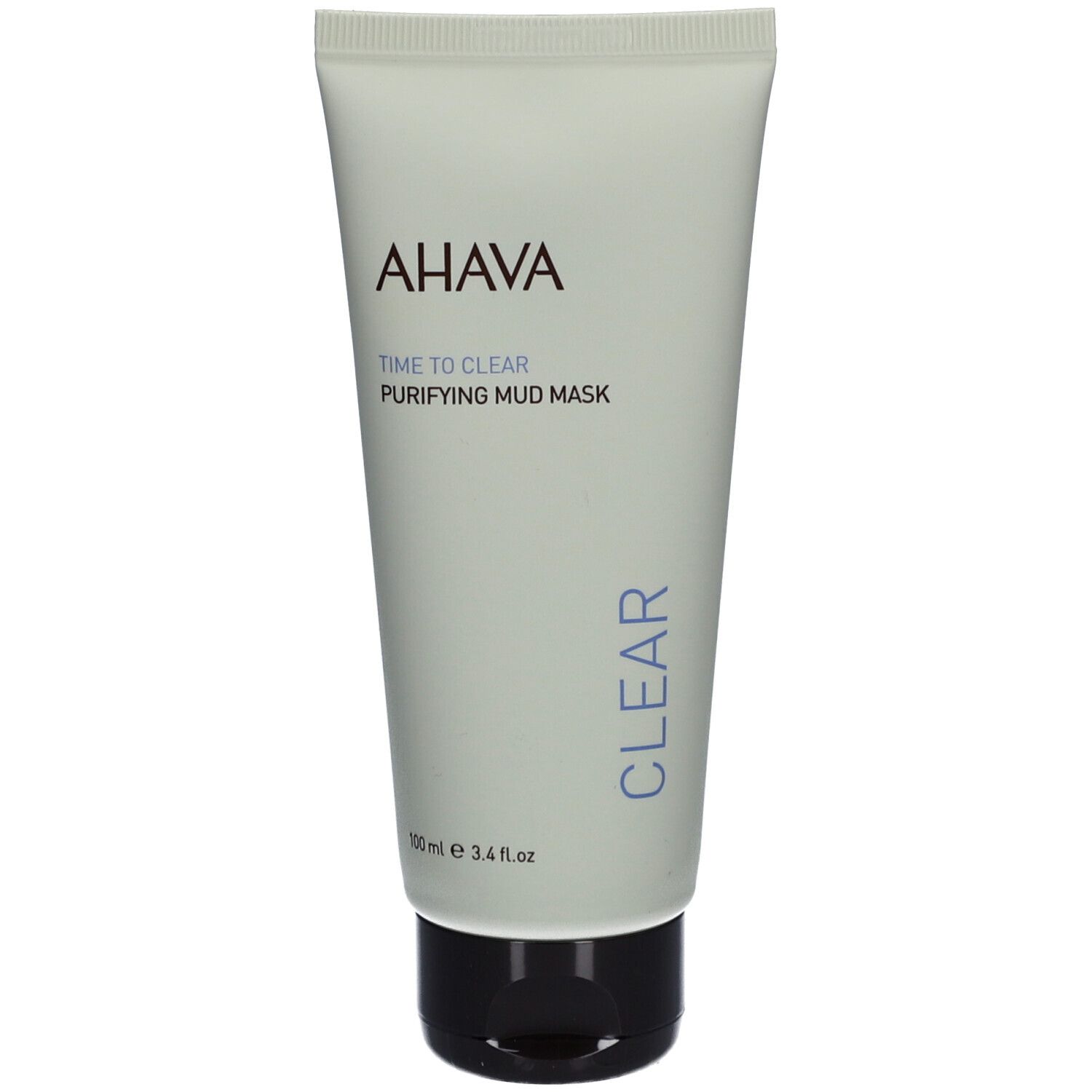 Creme-Tube mit AHAVA-Logo und Produktbezeichnung. Weiß, mit schwarzem Verschluss. Aufschrift CLEAR.