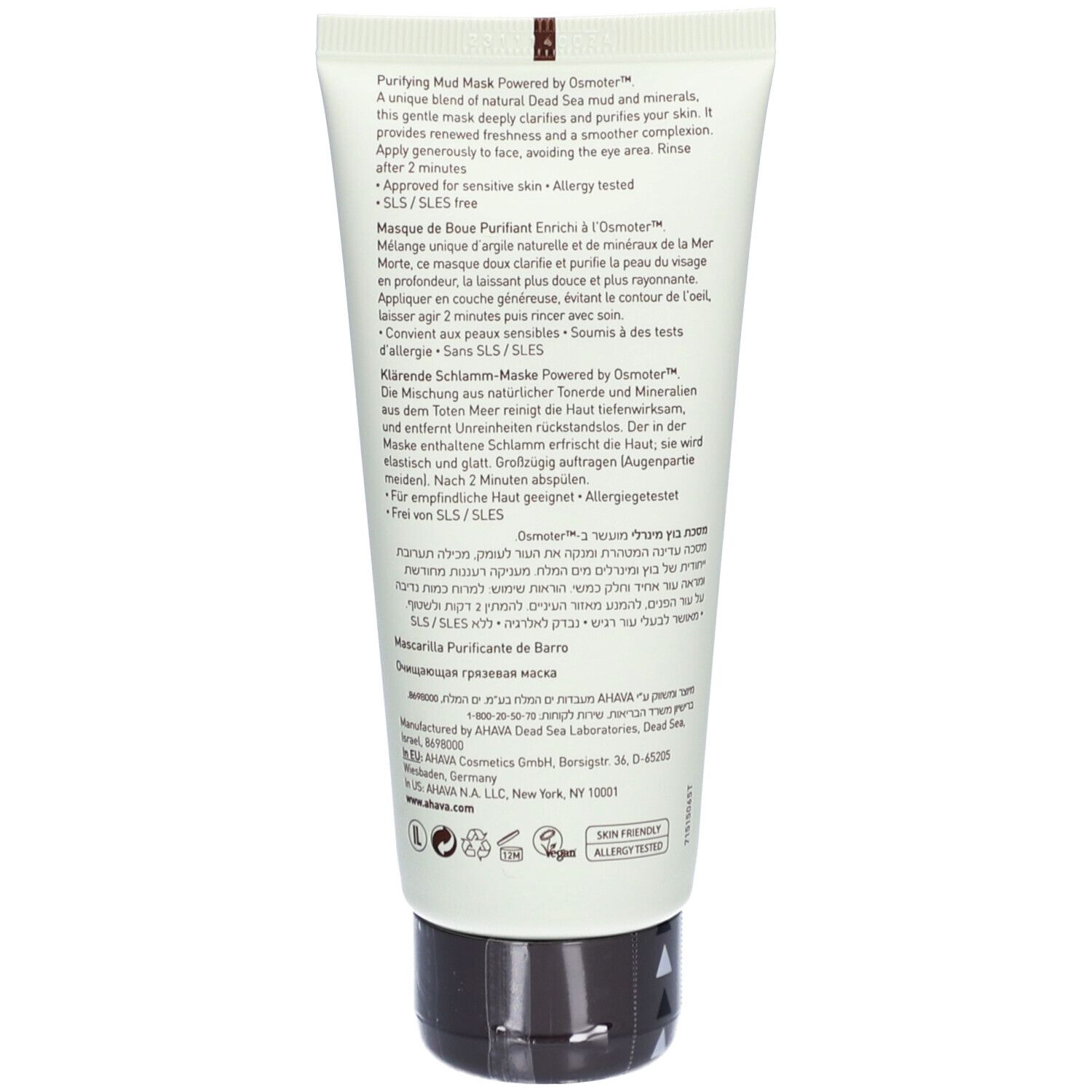 Rückseite der Creme-Tube. Text in mehreren Sprachen, darunter Deutsch. Enthält Informationen zum Produkt.