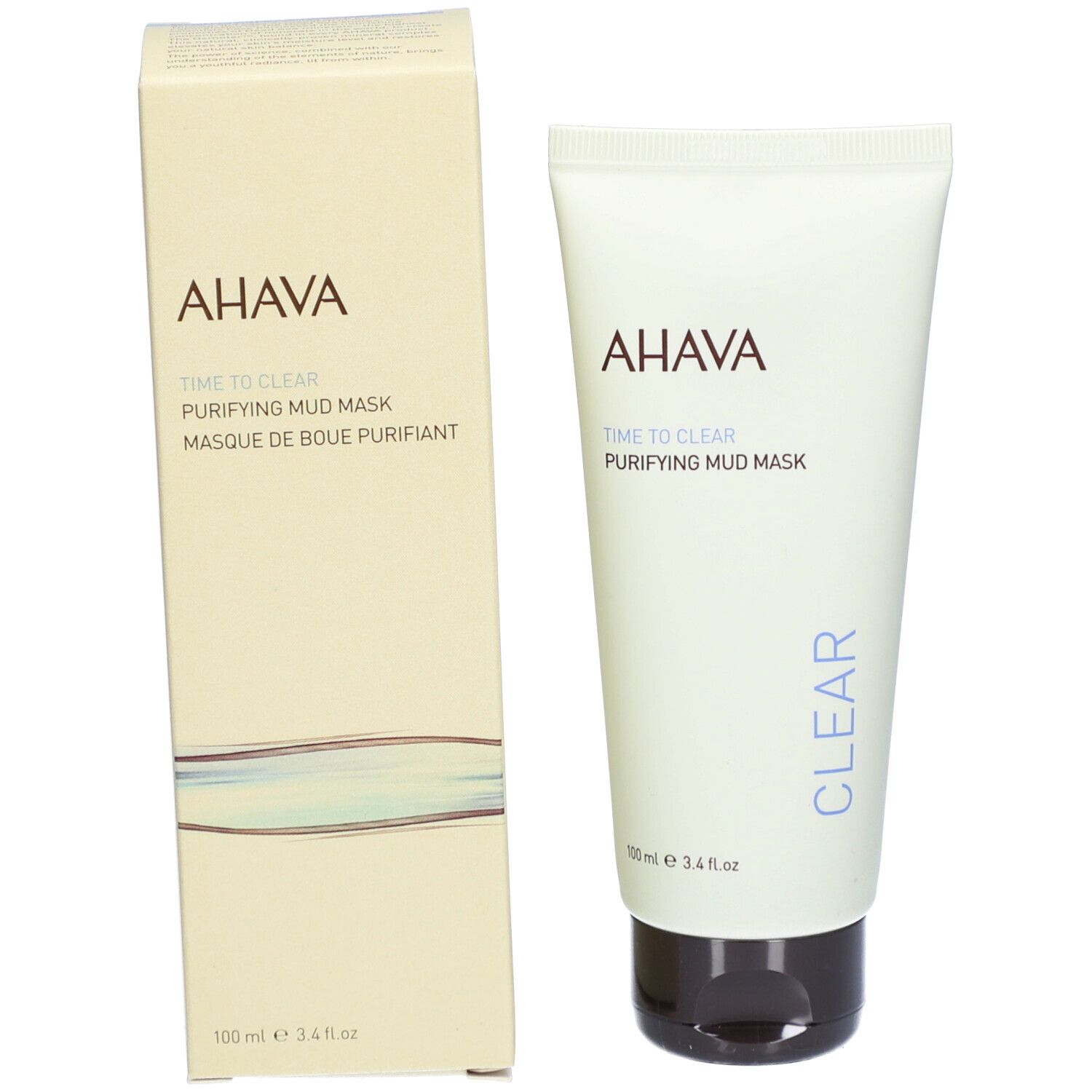 Produktverpackung mit Tube und Karton. Karton mit AHAVA-Logo und Produktbezeichnung. Tube mit schwarzem Verschluss.