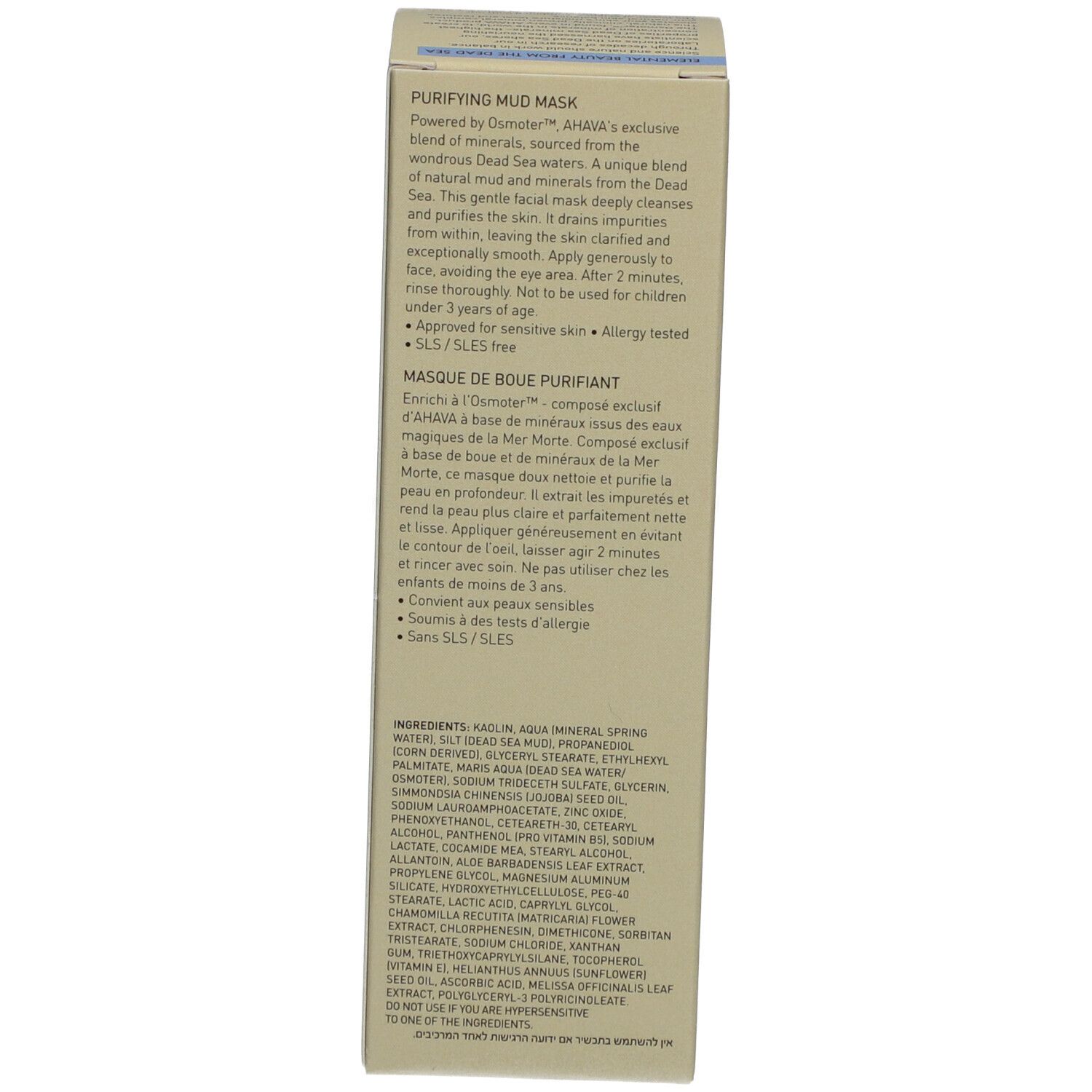 Rückseite der Kartonverpackung. Text in Englisch und Französisch. Enthält Produktbeschreibung und Inhaltsstoffe.