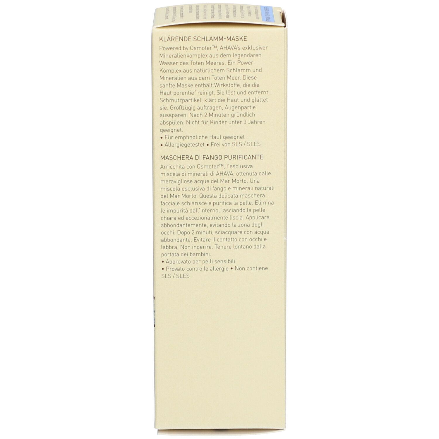 Rückseite der Kartonverpackung. Text in Deutsch und Italienisch. Enthält Produktbeschreibung und Anweisungen.