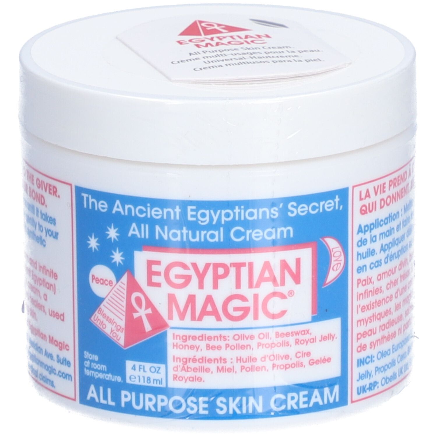 Pot blanc avec étiquette bleue et rouge. Texte : EGYPTIAN MAGIC, All Purpose Skin Cream. Liste des ingrédients.
