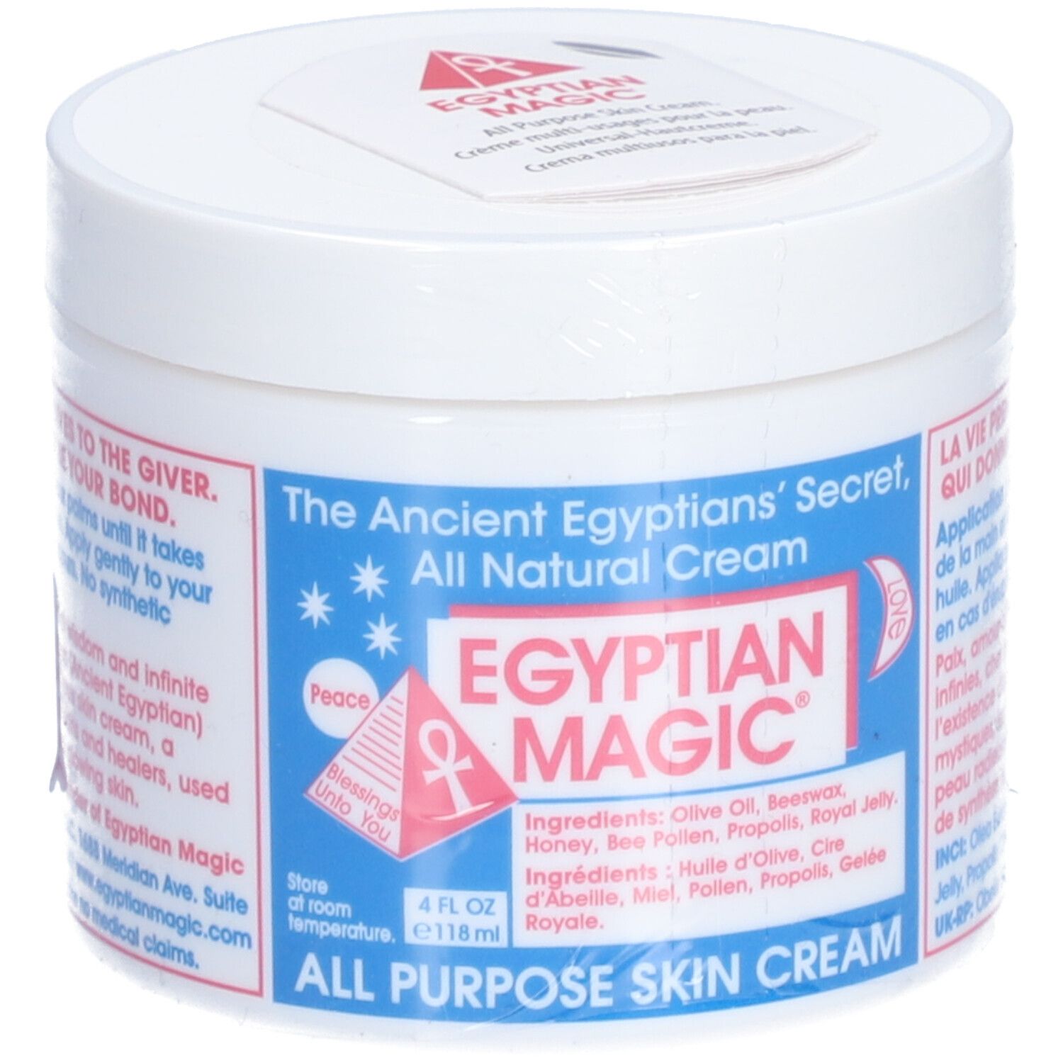 Pot blanc avec étiquette bleue et rouge. Texte : EGYPTIAN MAGIC, All Purpose Skin Cream. Liste des ingrédients.