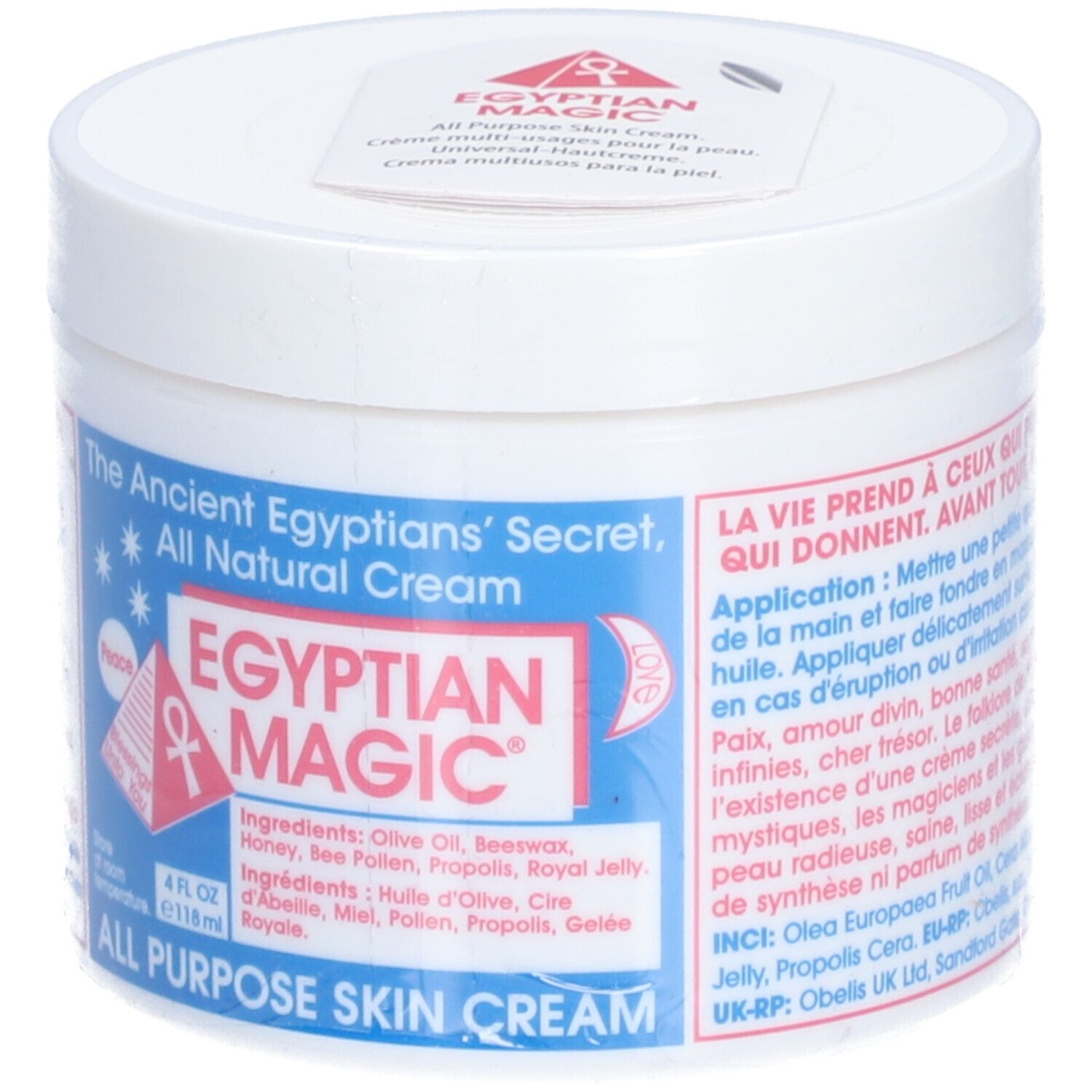 Pot blanc avec étiquette bleue et rouge. Texte : EGYPTIAN MAGIC, All Purpose Skin Cream. Instructions d'utilisation.