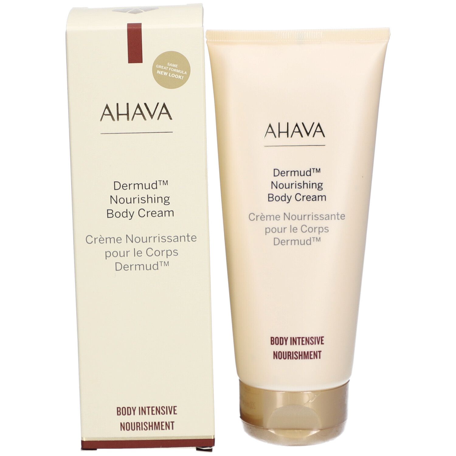 Emballage du produit. Tube et boîte beiges. Inscription AHAVA, Dermud™ Nourishing Body Cream. Texte : Body Intensive Nourishment.