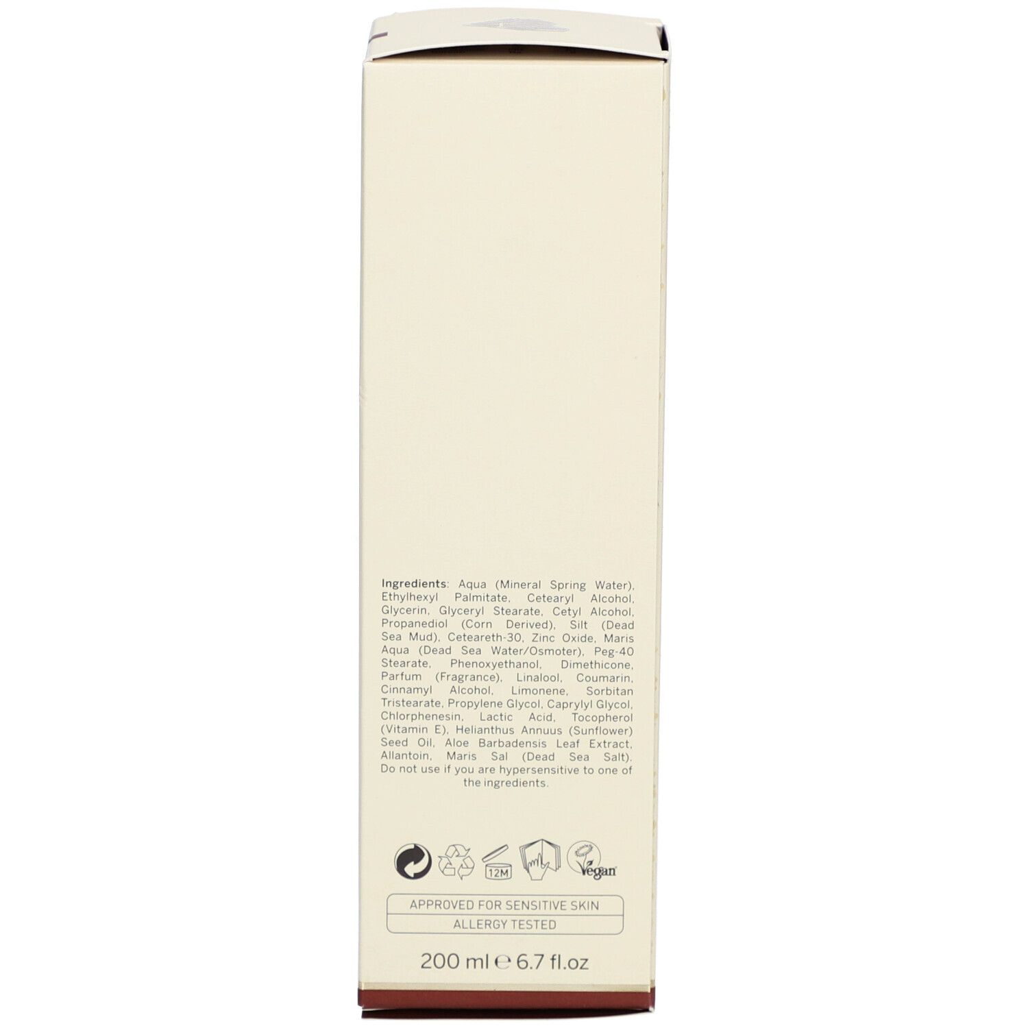 Côté de la boîte. Liste des ingrédients. Inscription : APPROVED FOR SENSITIVE SKIN. 200 ml, 6.7 fl.oz.