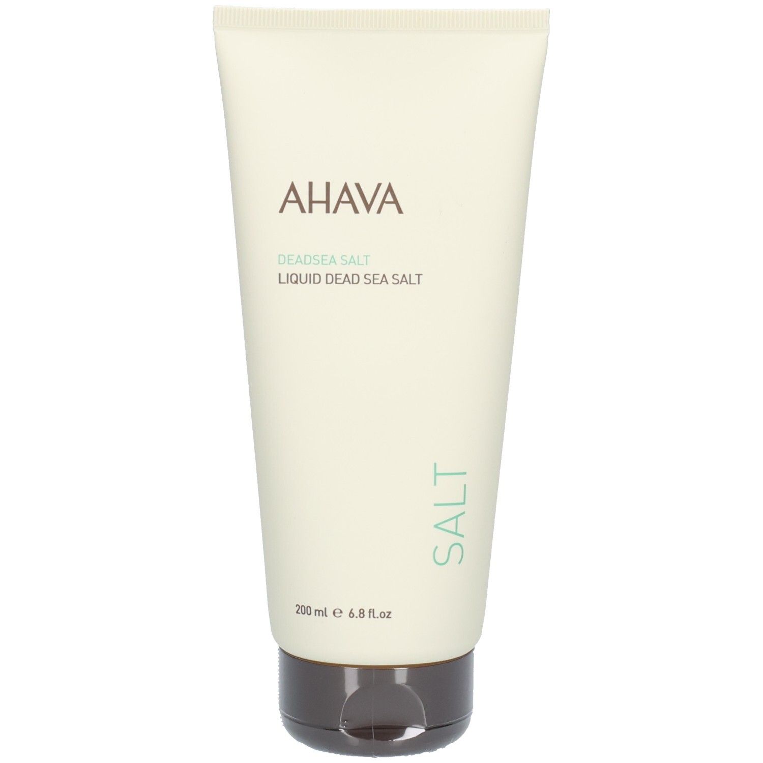 Creme-Tube mit AHAVA-Logo und Schriftzug „Deadsea Salt“. Beige Tube mit braunem Deckel. Aufschrift „SALT“.