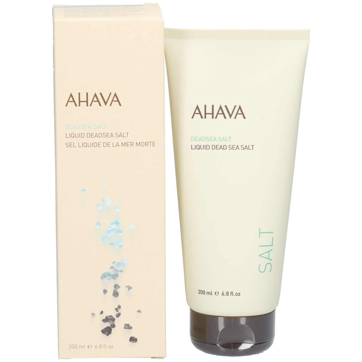 Produktverpackung mit Tube und Schachtel. AHAVA-Logo und Produktname. Beige Tube und Schachtel.