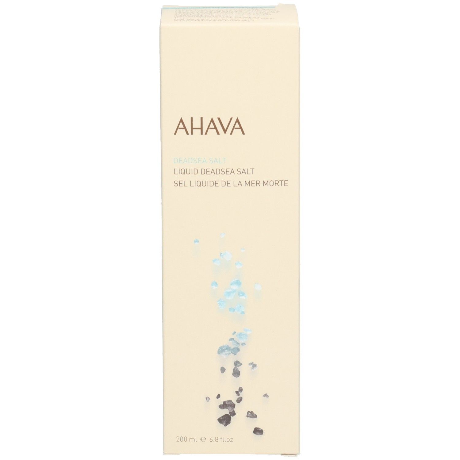 Schachtel mit AHAVA-Logo und Produktname. Beige Schachtel mit blauen und grauen Akzenten.
