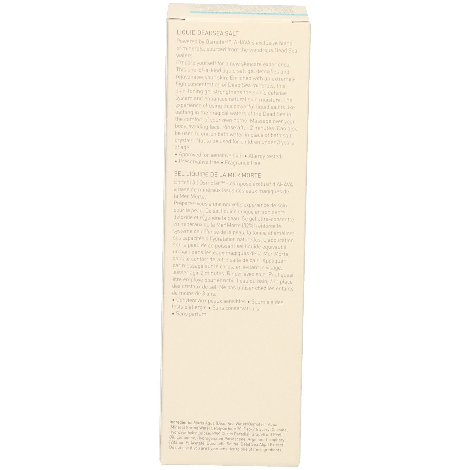 Seite der Schachtel mit Text. Beige Hintergrund mit brauner Schrift. Produktinformationen.