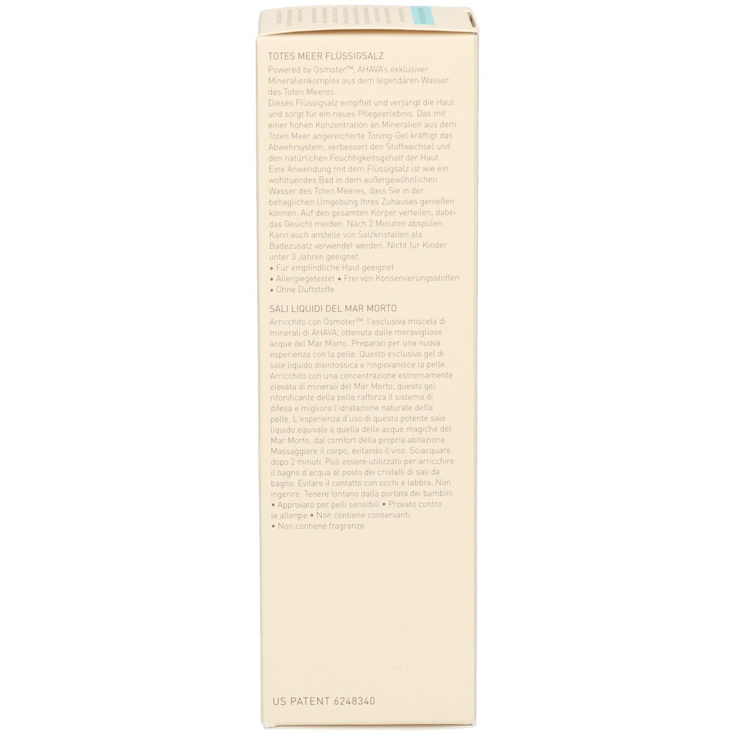 Seite der Schachtel mit Text. Beige Hintergrund mit brauner Schrift. Produktinformationen.