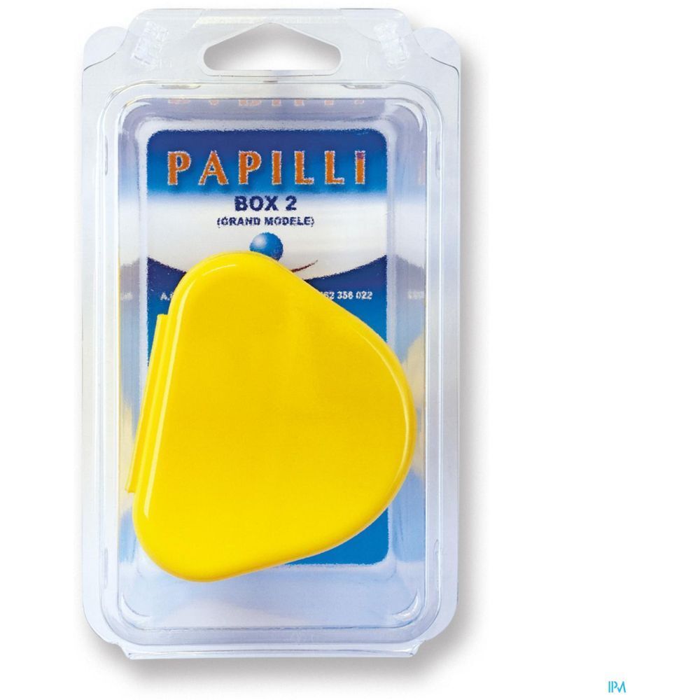 Boîte jaune dans emballage transparent. Inscription : "Papilli Box 2 (grand modèle)".