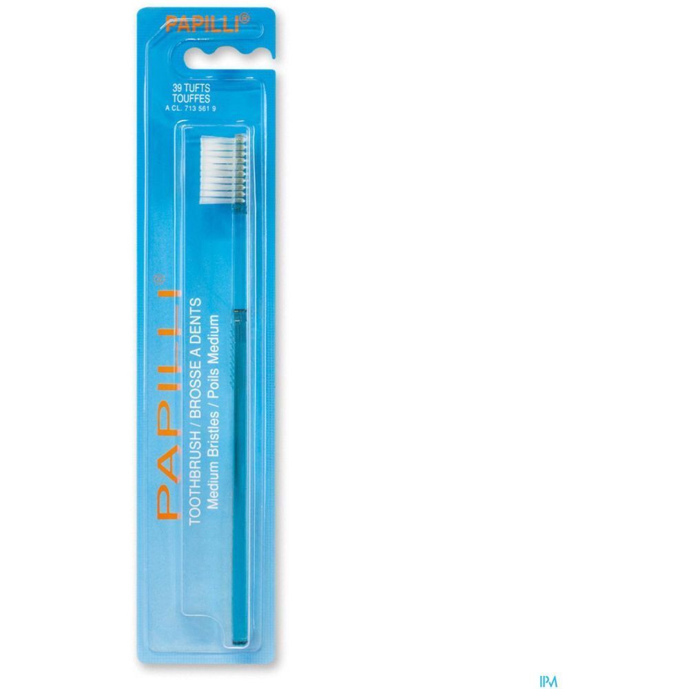 Brosse à dents bleue, emballée. Inscription "Papilli Toothbrush/Brosse à dents" sur l'emballage.