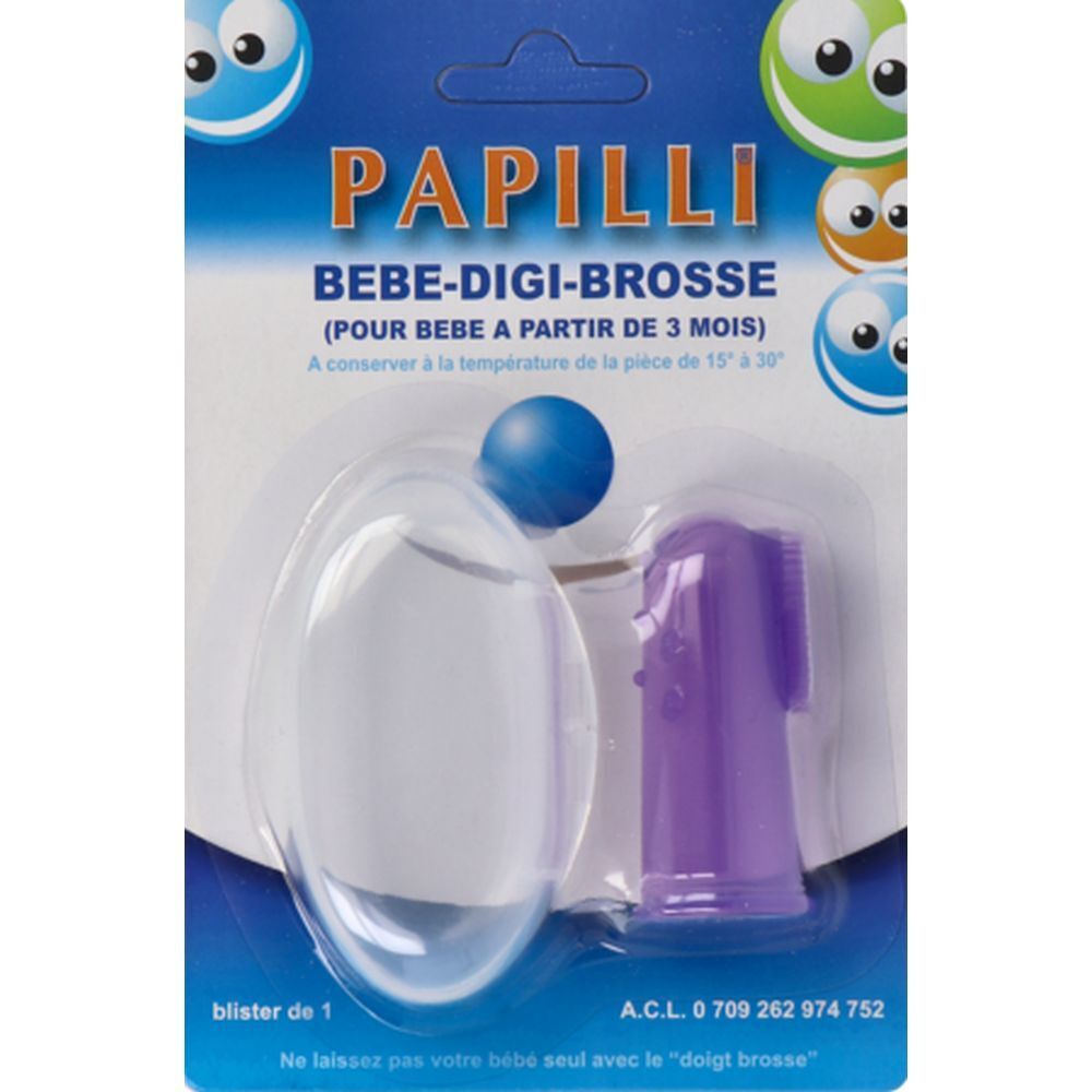 Emballage blister d'une brosse à dents doigt en silicone violet. Le manche est violet, les poils sont visibles.