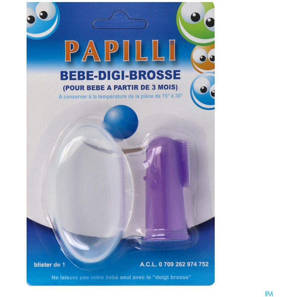 Emballage blister d'une brosse à dents doigt en silicone violet. Le manche est violet, les poils sont visibles.