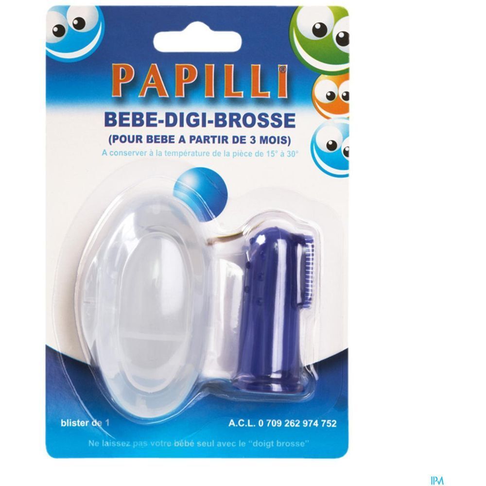 Emballage blister d'une brosse à dents doigt en silicone bleu. Les poils sont visibles.