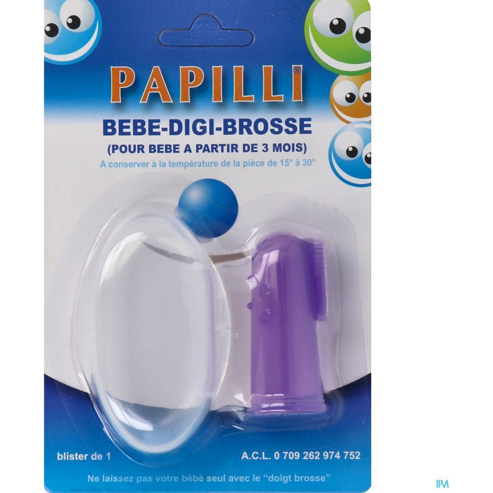 Emballage blister d'une brosse à dents doigt en silicone violet. Le manche est violet, les poils sont visibles.