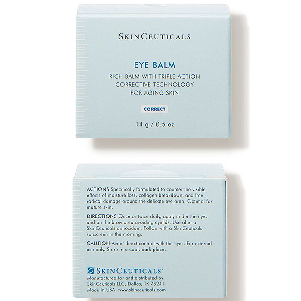 Emballage Skinceuticals Eye Balm. Boîte bleu clair avec informations produit. Inscription: EYE BALM, 14 g / 0.5 oz.