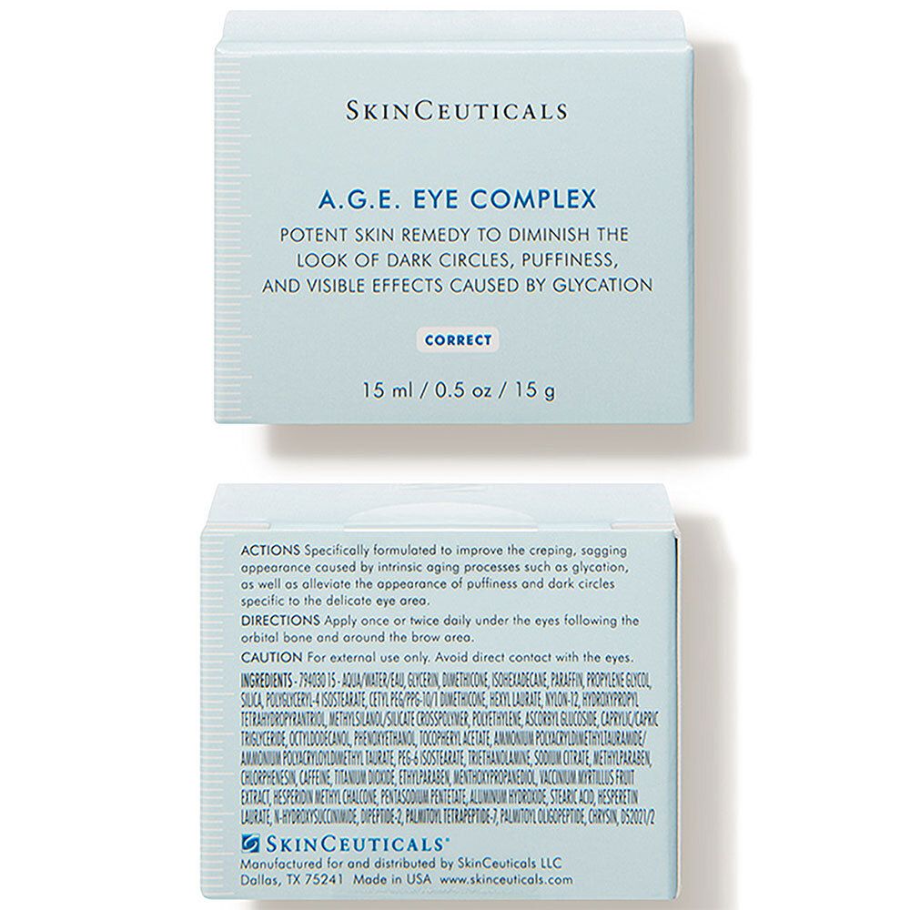 SkinCeuticals A.G.E. Eye Complex. Faltenreduzierende Augencreme. Verpackung mit Produktinformationen. 15 ml/0,5 oz.