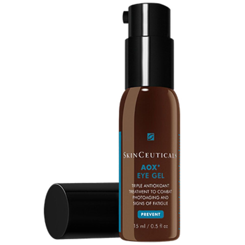 Flacon brun avec bouchon pompe noir. Inscription: Skinceuticals Aox+ Eye Gel. Bouchon à côté.