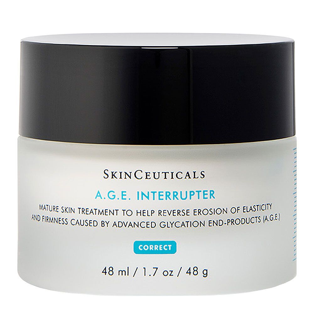 Pot de crème avec couvercle noir. Inscription : SkinCeuticals A.G.E. INTERRUPTER. 48 ml / 1.7 oz / 48 g.