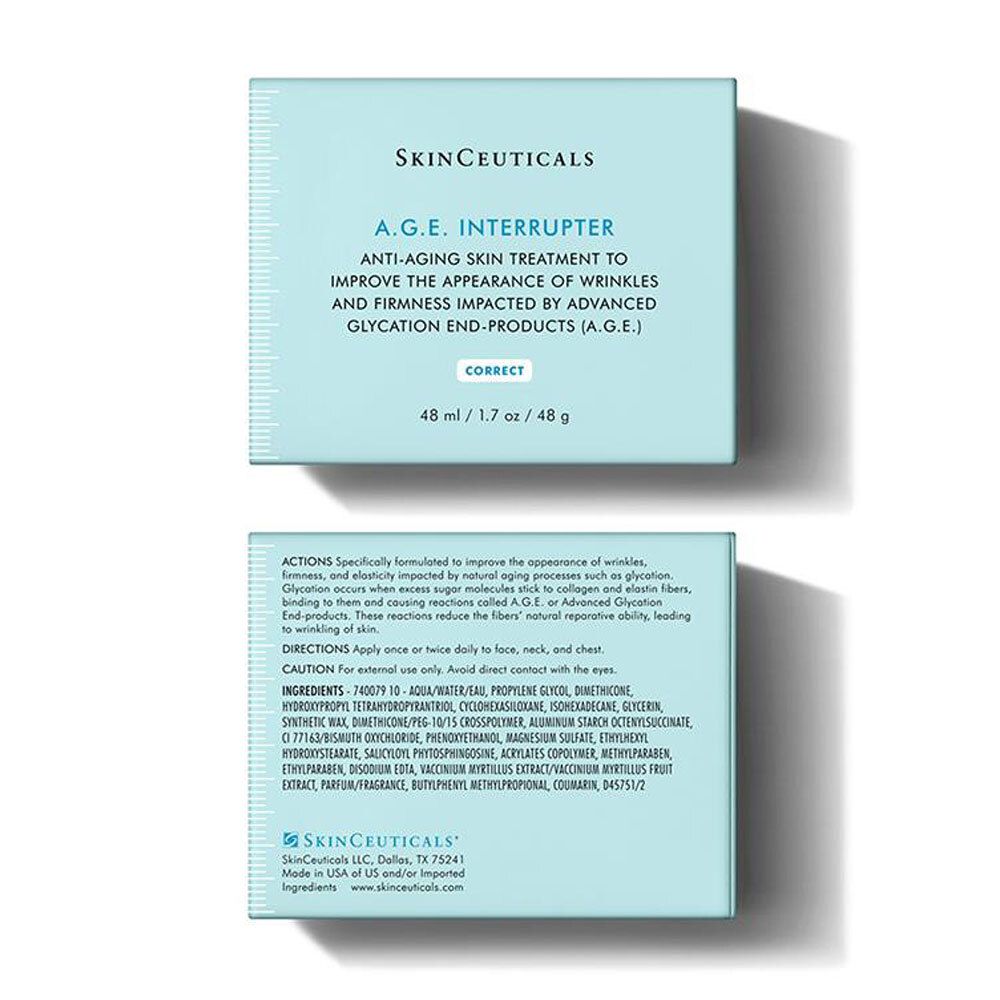 Boîte bleu clair avec informations sur le produit. Inscription : SkinCeuticals A.G.E. INTERRUPTER. 48 ml / 1.7 oz / 48 g.