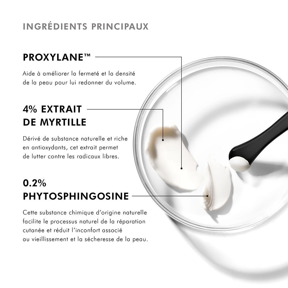 Gros plan sur les ingrédients. Texte : PROXYLANE, 4% EXTRAIT DE MYRTILLE, 0.2% PHYOSPHINGOSINE.