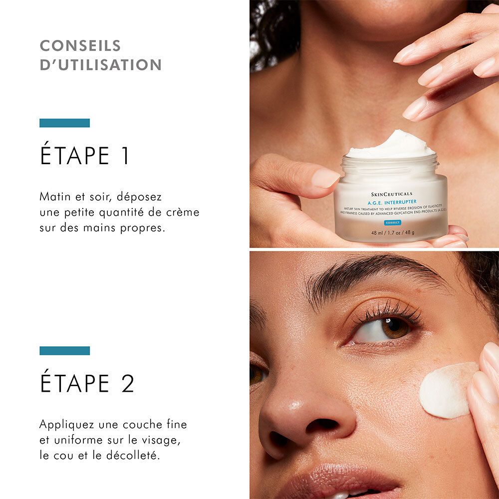 Étapes d'utilisation. Texte : ÉTAPE 1, ÉTAPE 2. Appliquer la crème sur les mains et le visage.