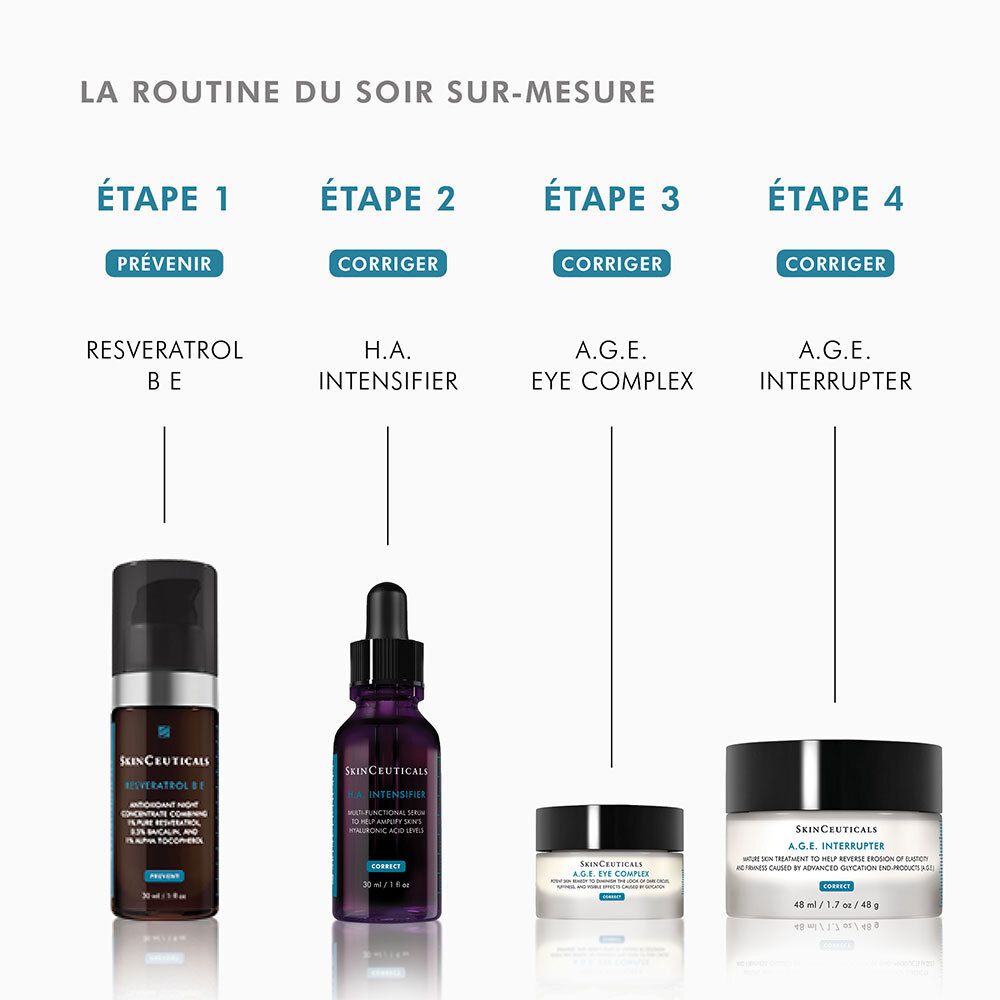 Séquence de produits. Texte : ÉTAPE 1, ÉTAPE 2, ÉTAPE 3, ÉTAPE 4. Produits pour la routine du soir.