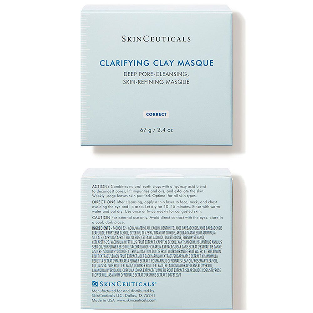 Deux vues de l'emballage SkinCeuticals Clarifying Clay Masque. Boîte bleu clair avec informations et ingrédients.