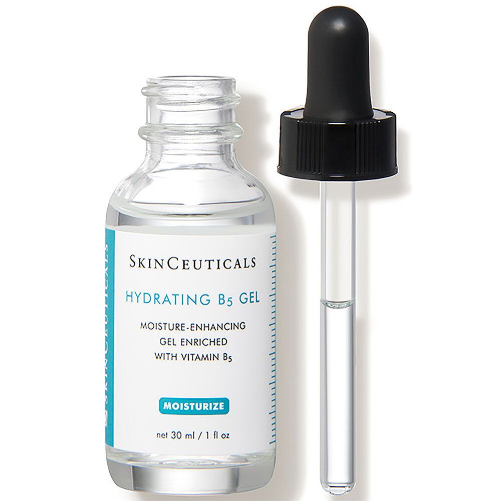 Glazen fles met zwarte druppelaar. SkinCeuticals Hydrating B5 Gel label.