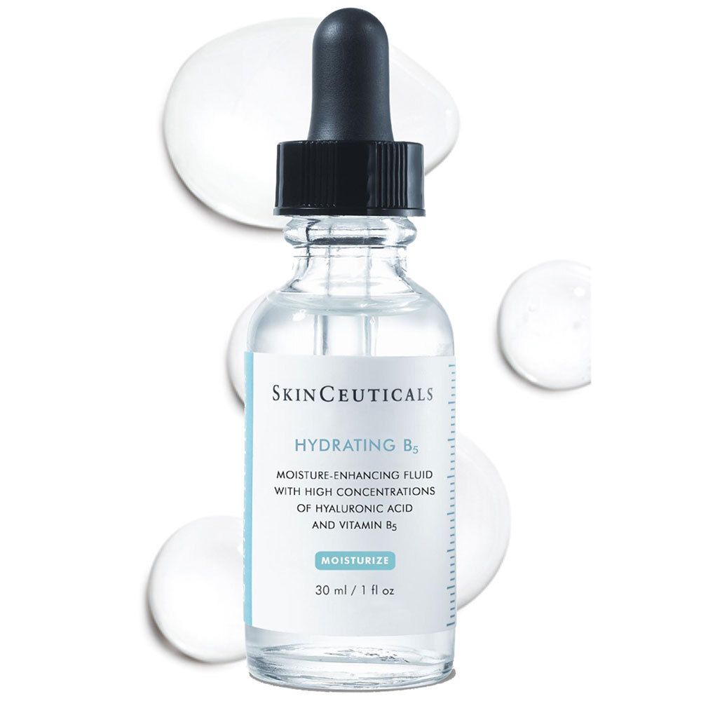 Transparante glazen fles met zwarte druppelaar. SkinCeuticals Hydrating B5 Serum, druppels.